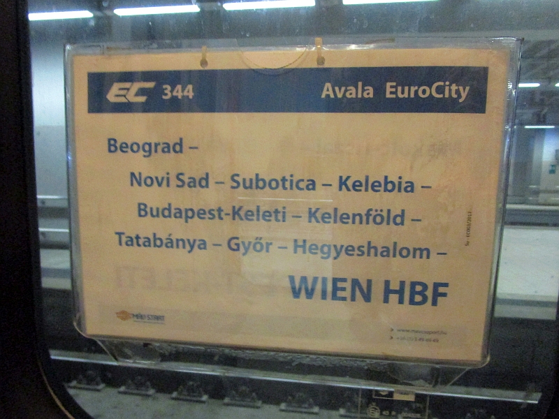 Zuglaufschild des IC/EC 344 'Avala' Belgrad-Wien