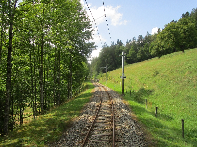 Blick durch den rückwärtigen Führerstand auf die Bahnstrecke Les Brenets-Le Locle