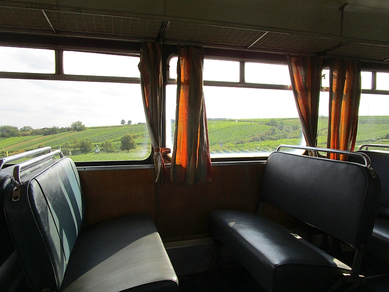 Blick aus dem Zugfenster der Mainschleifenbahn auf die Weinberge