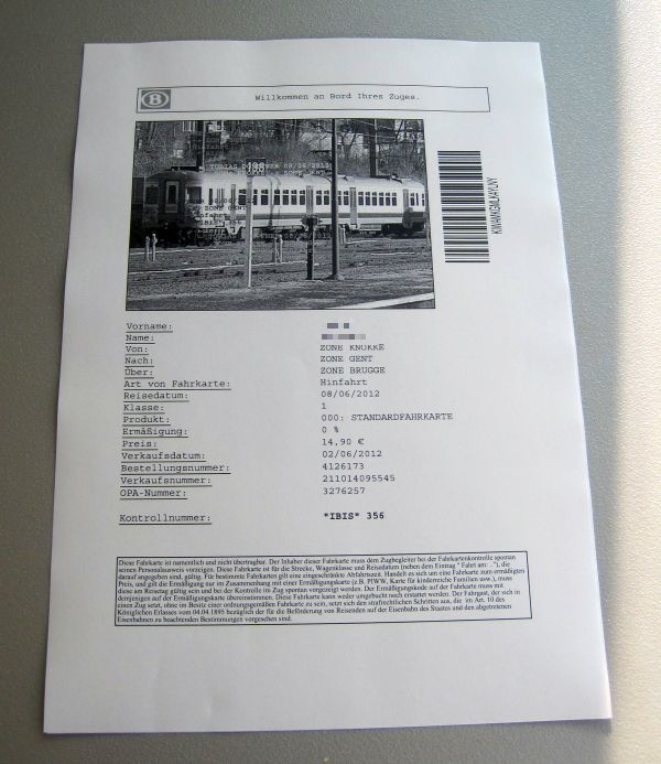 Onlineticket der belgischen Bahn NMBS-SNCB