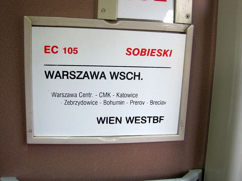 Zuglaufschild des EC 105 'Sobieski'