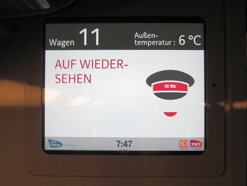 Anzeige 'Auf Wiedersehen' im TGV