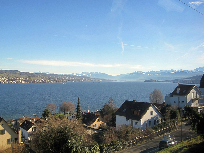 Blick vom Zugfenster auf den Zürichsee