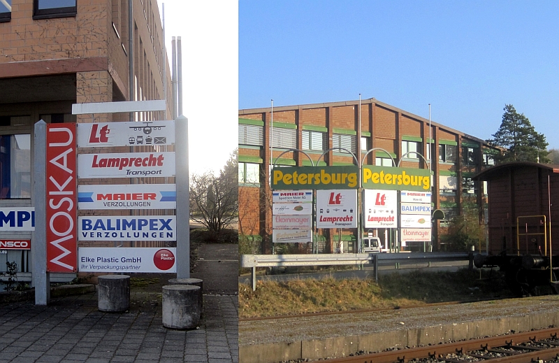 Schilder mit den Ortsnamen Moskau und Petersburg in Ramsen