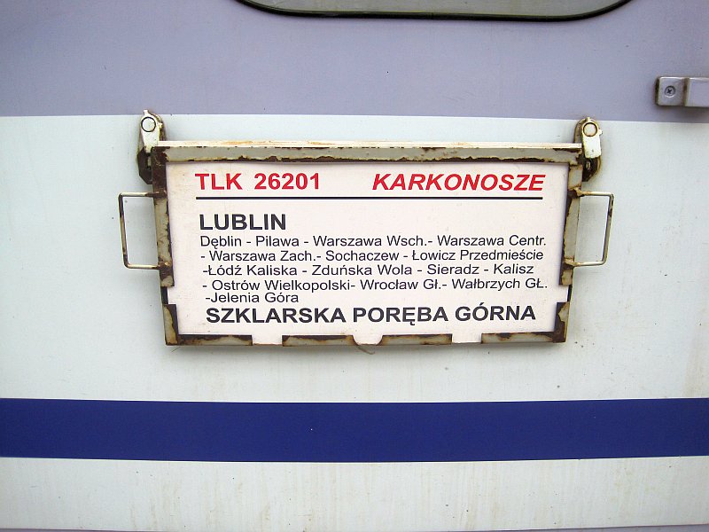 Zuglaufschild des TLK 'Karkonosze'