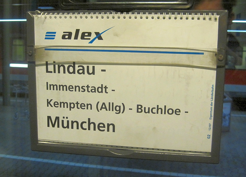 Zuglaufschild des alex Lindau-München