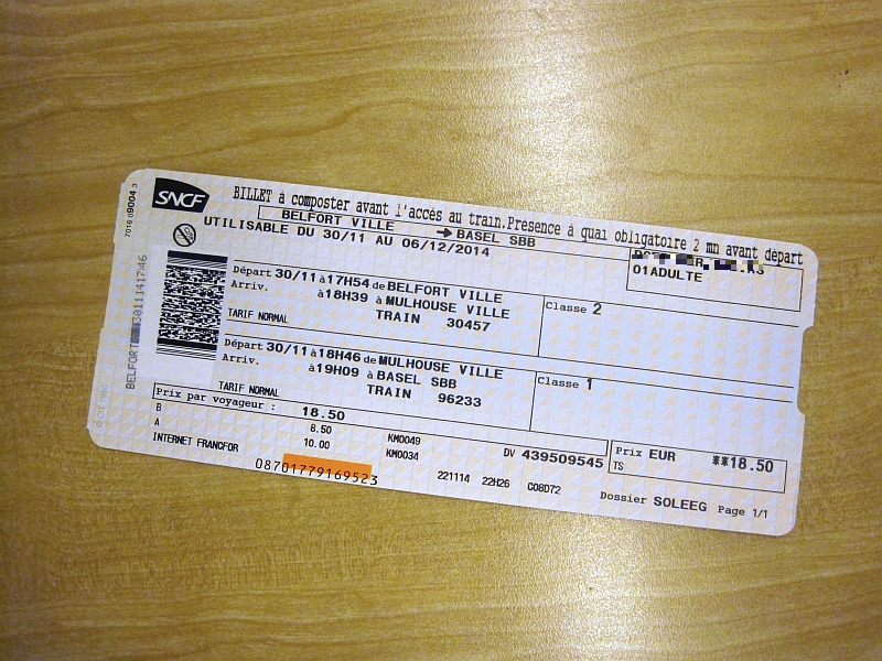 Fahrkarte der SNCF mit unterschiedlichen Klassen