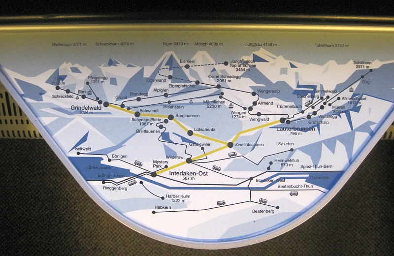Streckenkarte der Berner Oberland-Bahn auf einem Tisch