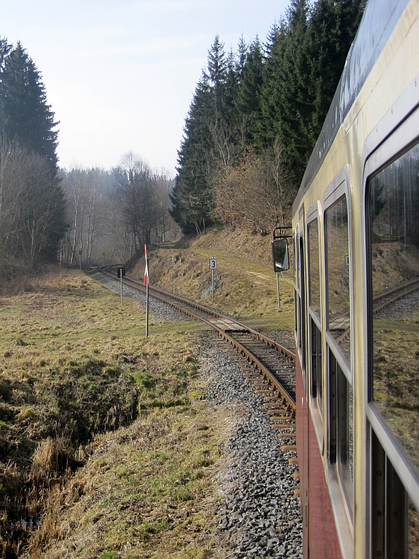 Blick aus dem Zugfenster bei der Fahrt auf der Selketalbahn