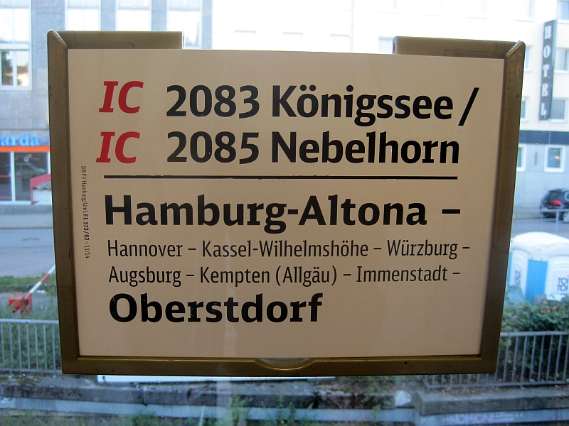 Zuglaufschild des IC 2083/2085 'Königssee'/'Nebelhorn'