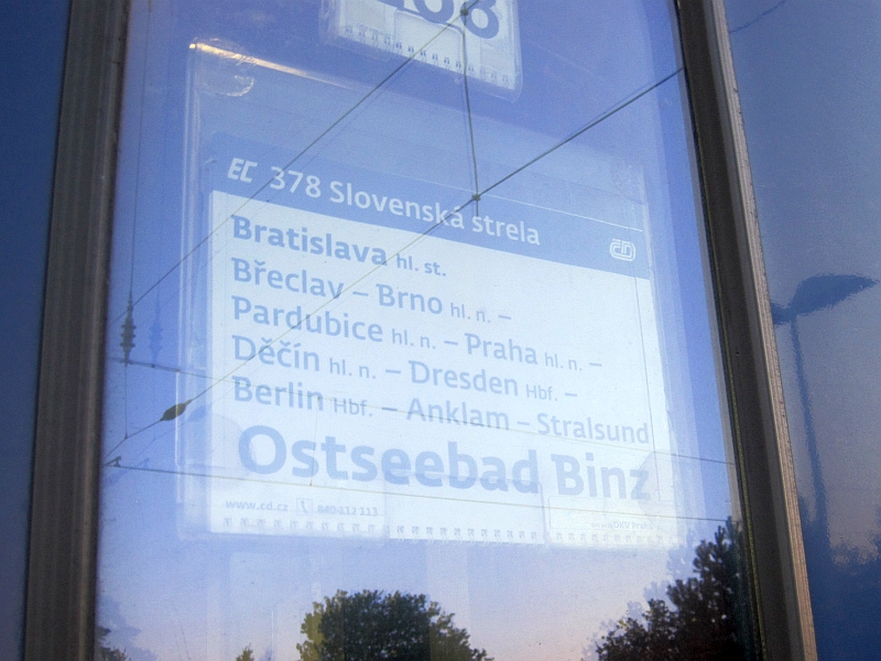 Zuglaufschild des EC 378 'Slovenská Strela' Bratislava-Binz