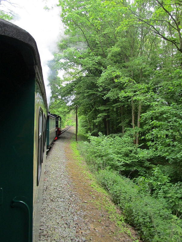 Blick von der Plattform des Wagens auf die Lok des Rasenden Rolands
