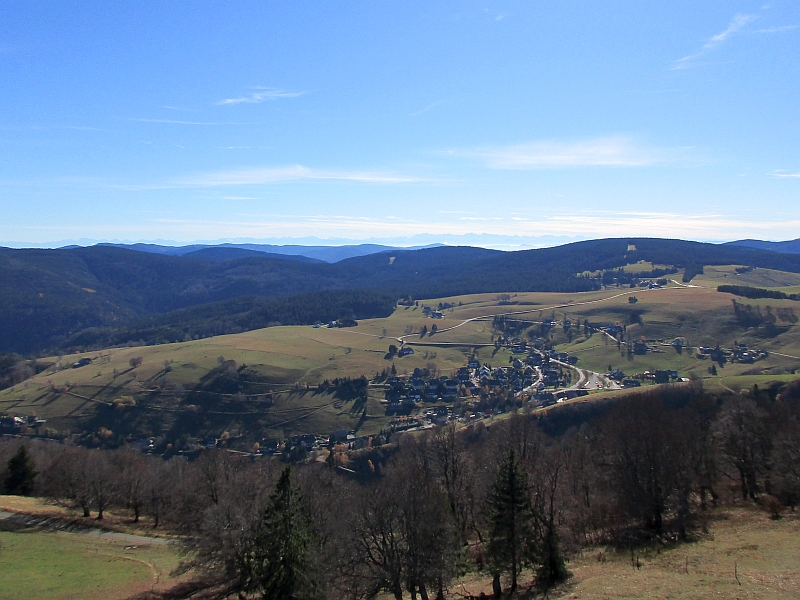 Blick über das Dorf Hofsgrund bis zu den Alpen