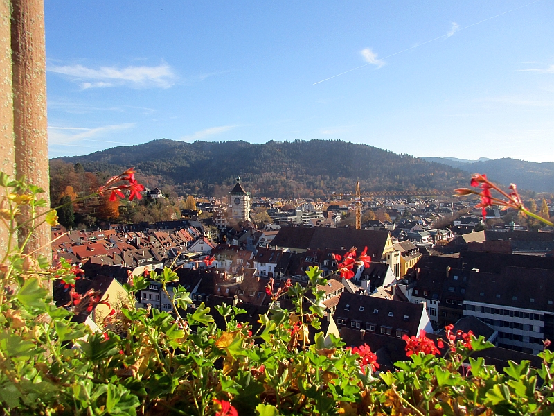 Blick vom Münsterturm Freiburg über die Dächer der Altstadt zum Schwabentor