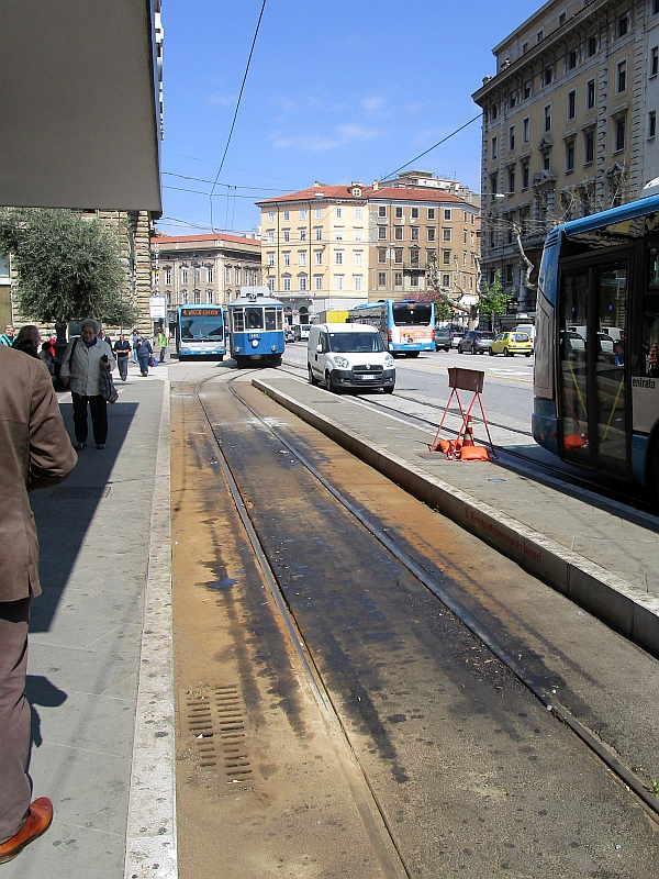 Einfahrt einer Straßenbahn an der Piazza Oberdan