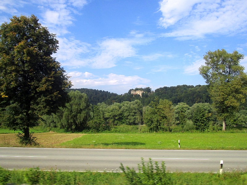 Blick aus dem Zugfenster auf die Burgruine Hilgartsberg
