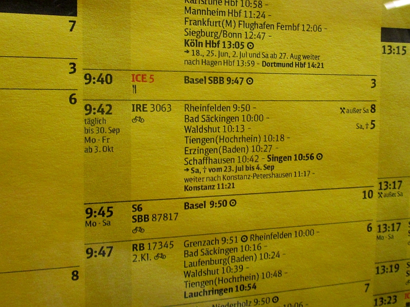 Aushangfahrplan mit dem IRE 3063 Basel-Konstanz