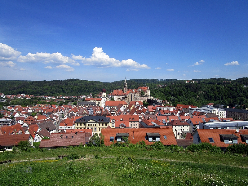 Blick von der Josefskapelle über die Dächer von Sigmaringen zum Schloss