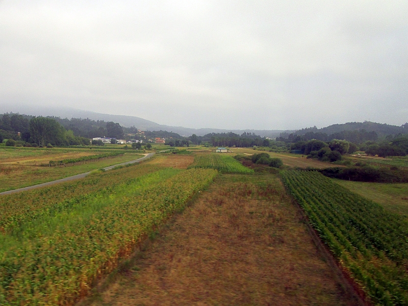 Blick aus dem Zugfenster auf die Landschaft Galiciens