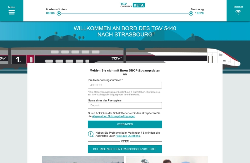 Anmeldemaske des WLAN 'TGV connect'