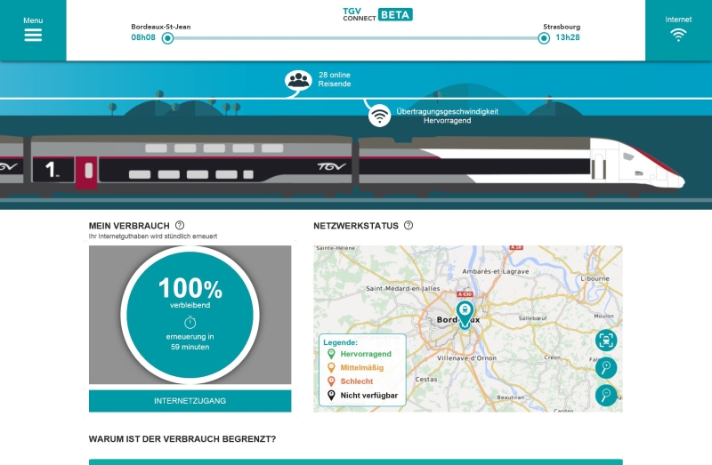 Angaben zum Netzwerkstatus im Portal 'TGV connect'