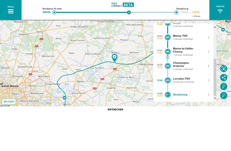 Kartendarstellung im Portal bei der Fahrt auf der LGV Est européenne