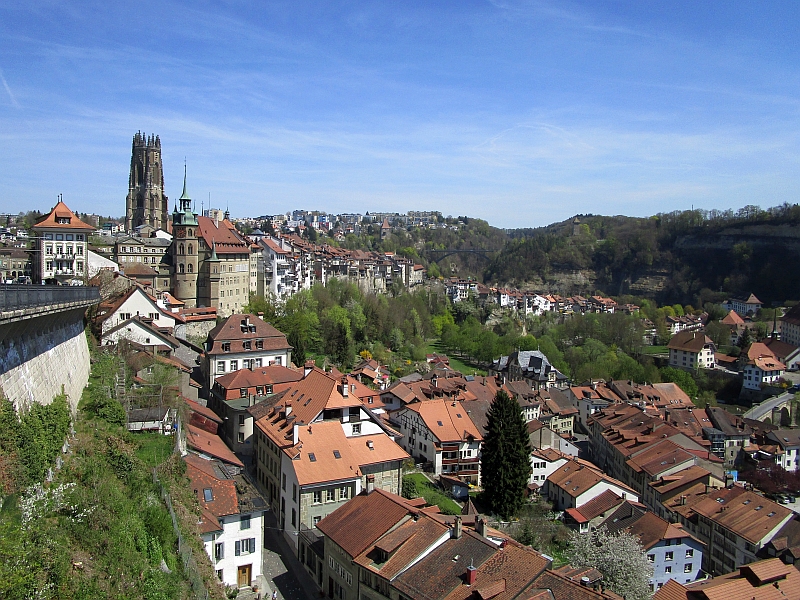 Blick über die Dächer der Unterstadt von Fribourg zur Kathedrale Sankt Nikolaus