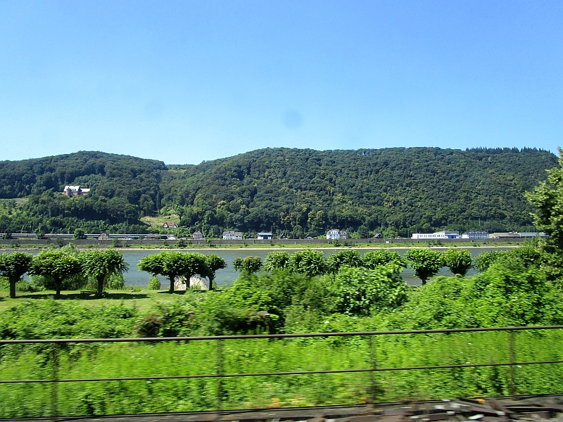 Blick auf den Rhein, am gegenüberliegenden Ufer fährt ein Eurocity-Zug