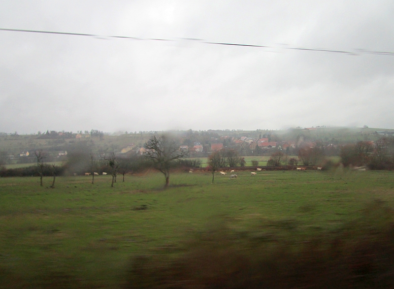 Blick vom Bus auf die stillgelegte Bahnstrecke Berthelming-Sarreguemines