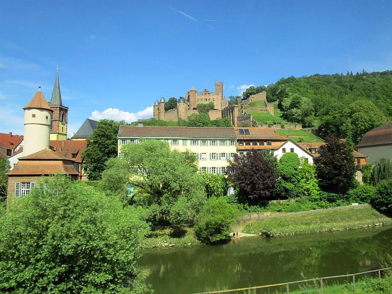 Blick vom Zug auf die Altstadt von Wertheim und die Burg