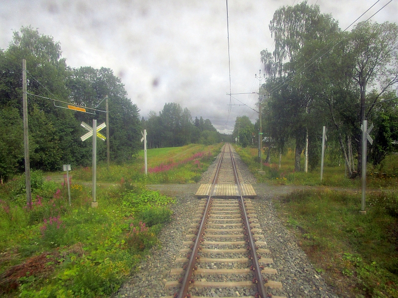 Blick vom letzten Wagen auf die Strecke durch das Jämtland