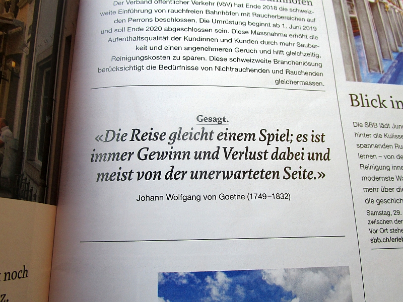 Goethe-Zitat im Reisemagazin 'via' der SBB 'Die Reise gleicht einem Spiel...'