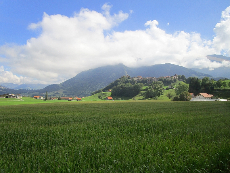 Blick vom Zug auf Gruyères