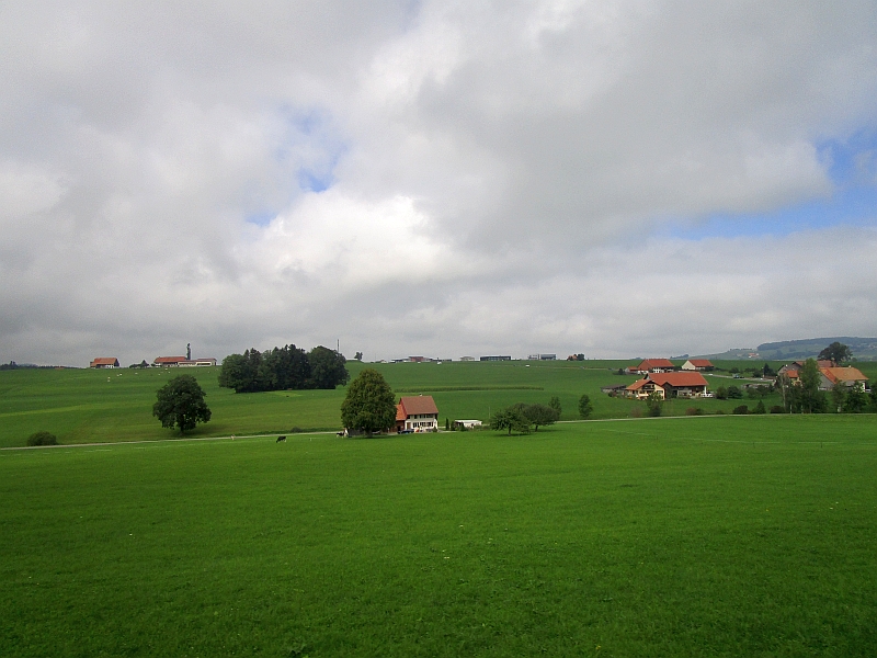 Blick aus dem Zugfenster auf die Landschaft des Freiburger Mittellands