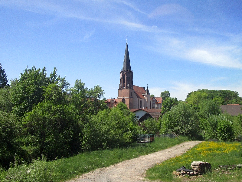 Blick vom Zug auf Bödigheim mit der Kreuzkirche