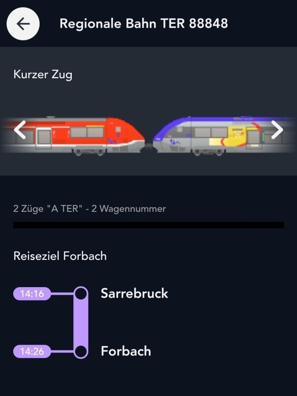 Darstellung der eingesetzten Fahrzeuge in der App 'SNCF Connect'
