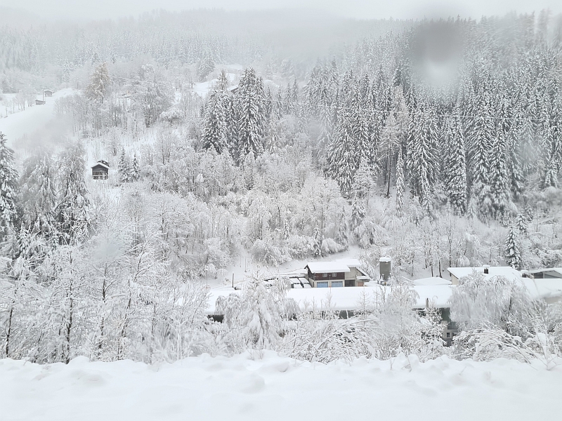 Blick aus dem Zugfenster auf die Winterlandschaft am Arlberg